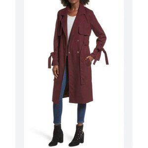 NEW J.O.A Belted Trench Coat S Burgundy Maroon Tie Cuff Double Breasted Utility
